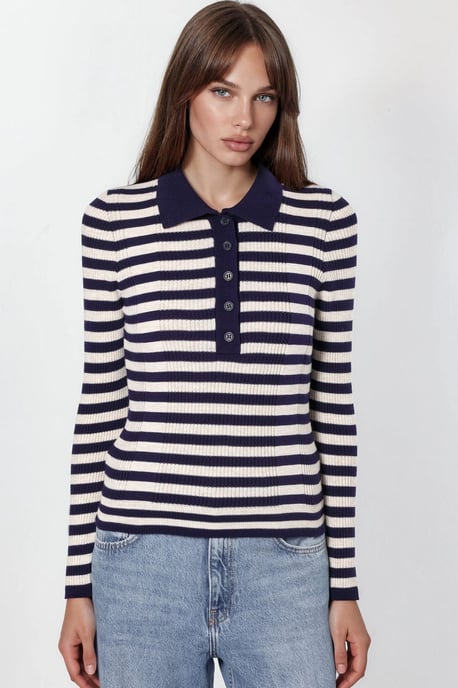 Striped Crew Neck Sweater with Button Detail - Image 3