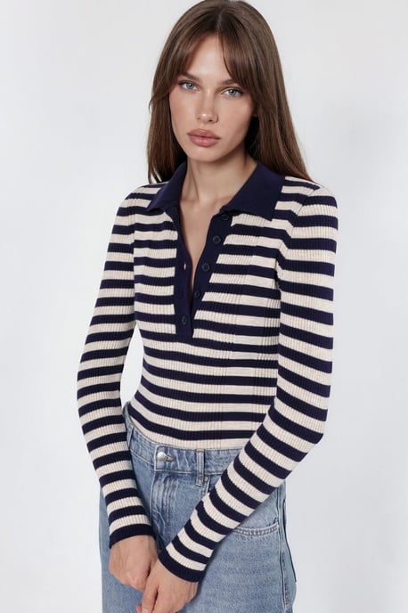 Striped Crew Neck Sweater with Button Detail - Image 5