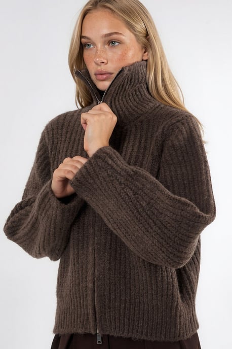 Thick Textured Turtleneck Zip-Up Cardigan - Image 1