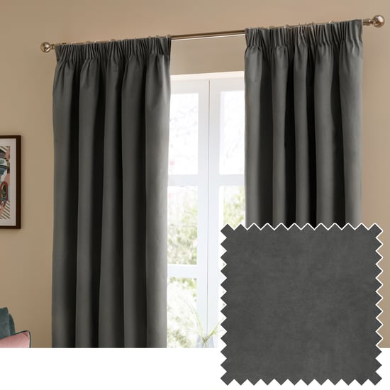 Furn The Ultimate Velvet Blackout Pencil Pleat Curtain Pair, Charcoal - Image 1