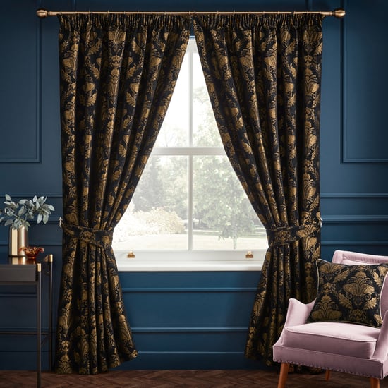 Paoletti Shiraz Floral Pencil Pleat Curtain Pair, Black - Image 2