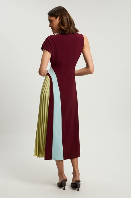 Soft Tailored Colour Block High Neck Pleated Midi Dress - Image 3