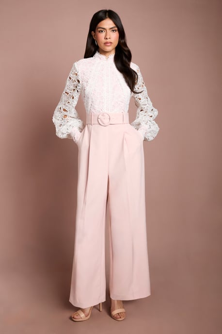 Organza Lace Belted Long Sleeve Jumpsuit - Image 1