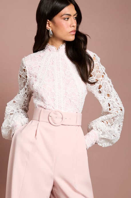 Organza Lace Belted Long Sleeve Jumpsuit - Image 2