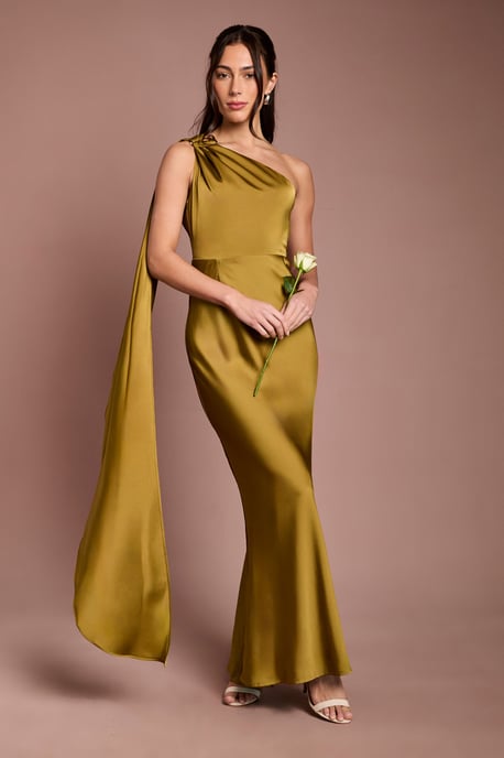 One Shoulder Satin Maxi Bridesmaid Dress With Gold Trim - Image 1