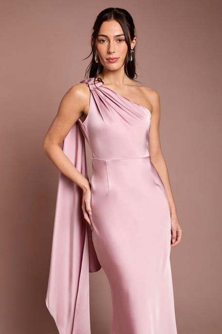 One Shoulder Satin Maxi Bridesmaid Dress With Gold Trim - Image 2