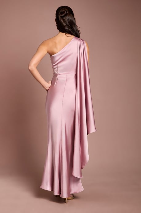 One Shoulder Satin Maxi Bridesmaid Dress With Gold Trim - Image 3