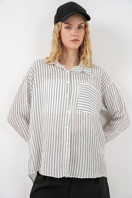 Oversized Striped Button-Front Shirt - Image 3