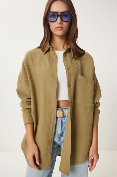 Oversized Textured Cotton Shirt with Pocket - Image 2