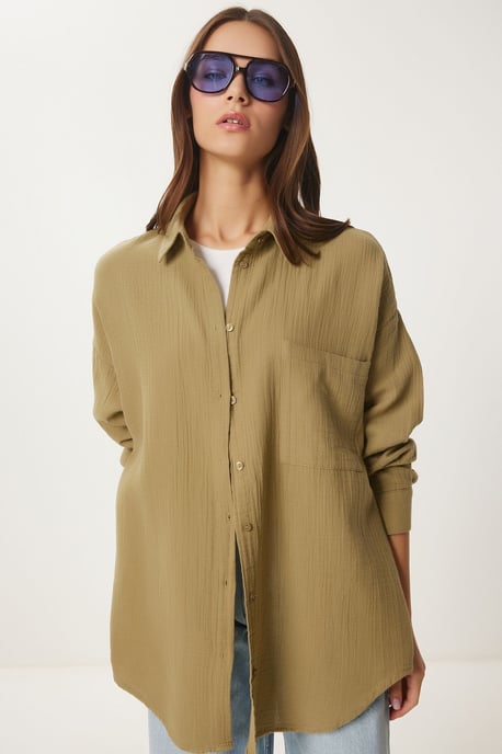 Oversized Textured Cotton Shirt with Pocket - Image 4