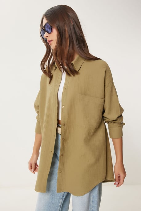Oversized Textured Cotton Shirt with Pocket - Image 5