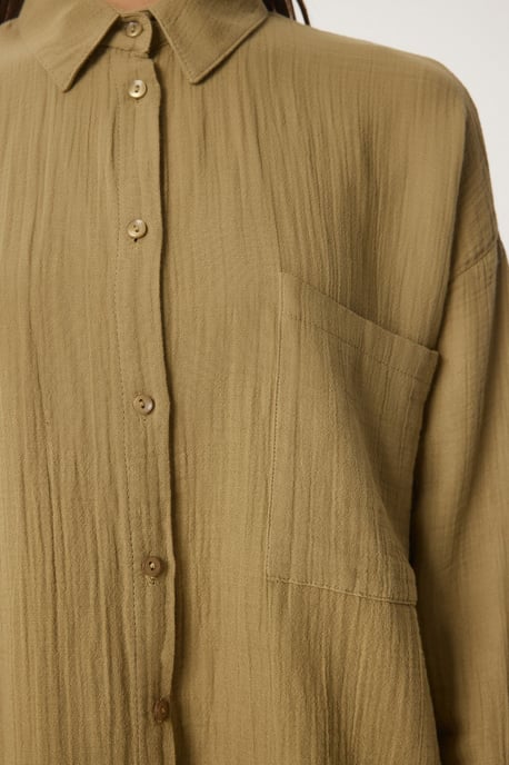 Oversized Textured Cotton Shirt with Pocket - Image 6