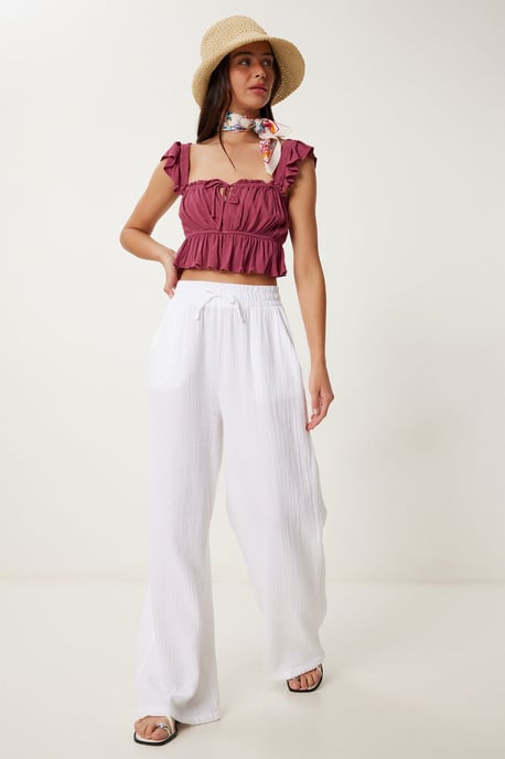 Wide Leg Drawstring Waist Pants with Binding Detail - Image 2