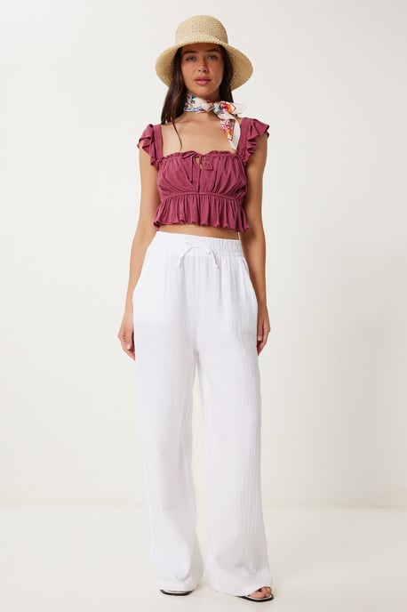 Wide Leg Drawstring Waist Pants with Binding Detail - Image 3