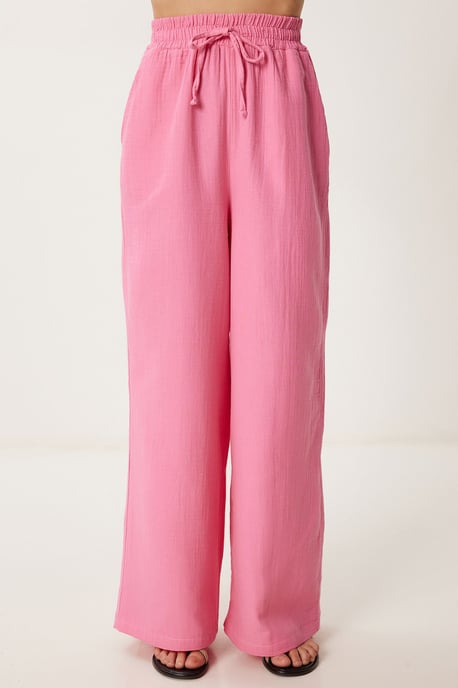 Wide Leg Drawstring Waist Pants with Binding Detail - Image 3