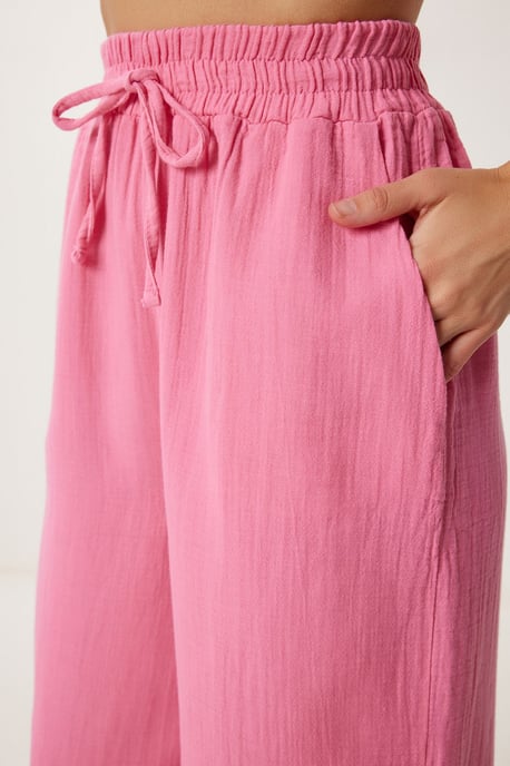 Wide Leg Drawstring Waist Pants with Binding Detail - Image 4