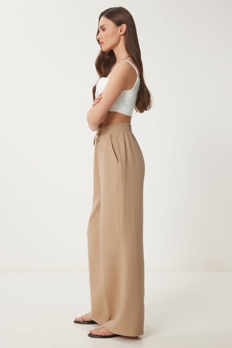 Wide Leg Drawstring Waist Pants with Binding Detail - Image 2