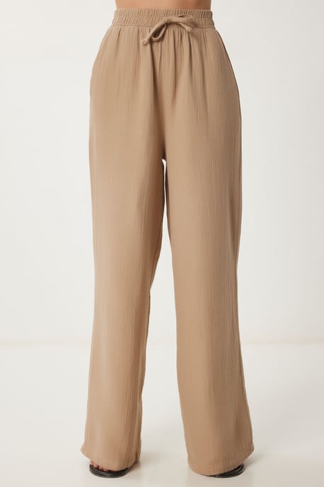 Wide Leg Drawstring Waist Pants with Binding Detail - Image 3