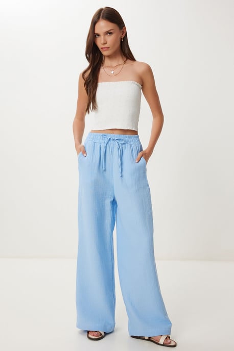 Wide Leg Drawstring Waist Pants with Binding Detail - Image 3