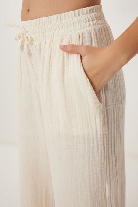 Wide Leg Drawstring Waist Pants with Binding Detail - Image 4