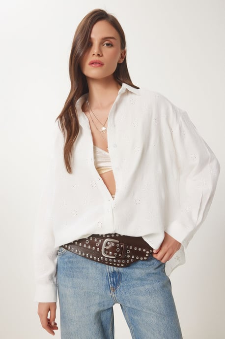 Textured Embroidered Long Sleeve Shirt with Button Closure - Image 2