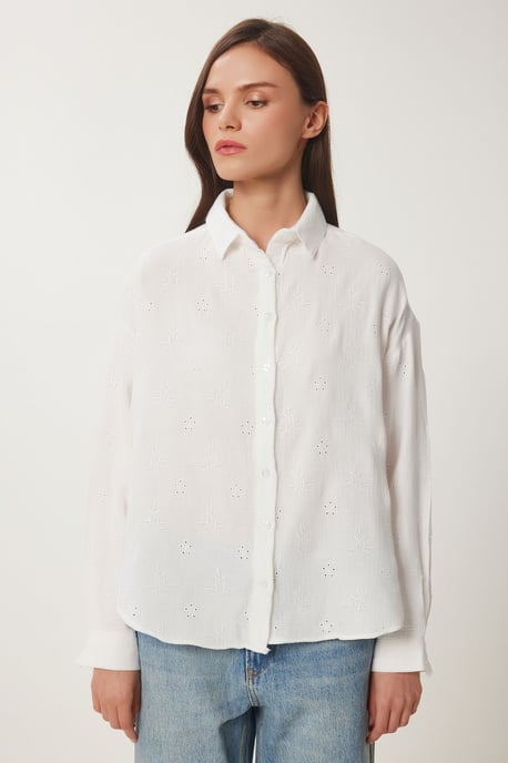 Textured Embroidered Long Sleeve Shirt with Button Closure - Image 3