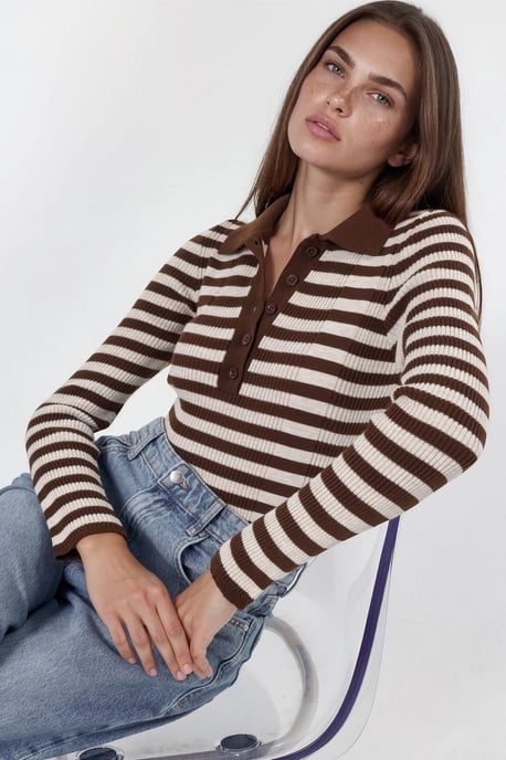 Striped Crew Neck Sweater with Button Detail - Image 1
