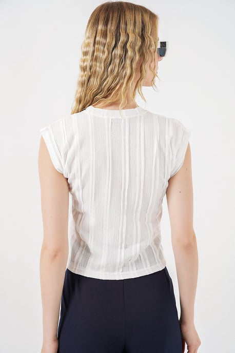 Texturerad Ribbad Blus med Drapering - Image 6