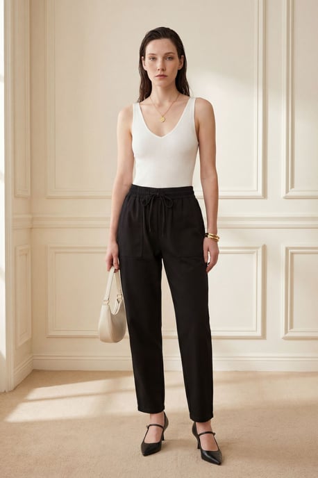 Ankle Length Solid Gabardine Pants with Drawstring Waist - Image 1