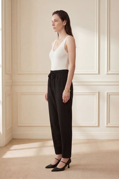 Ankle Length Solid Gabardine Pants with Drawstring Waist - Image 4