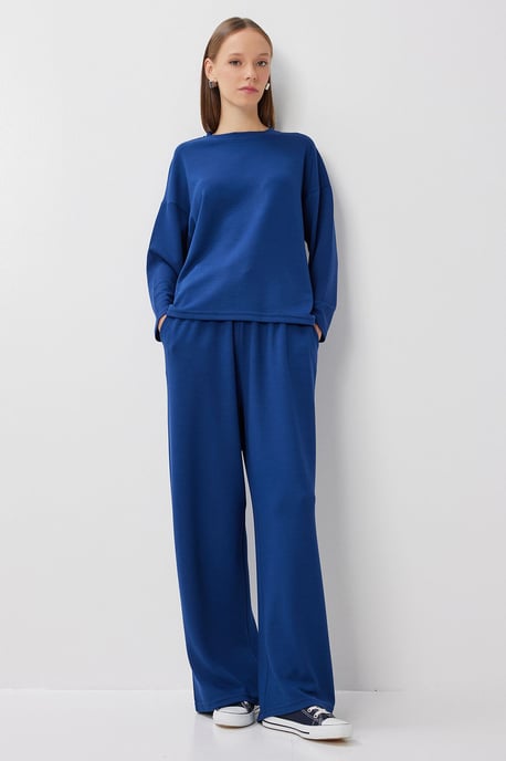 Wide Leg Two-Piece Set with Crew Neck Blouse - Image 2