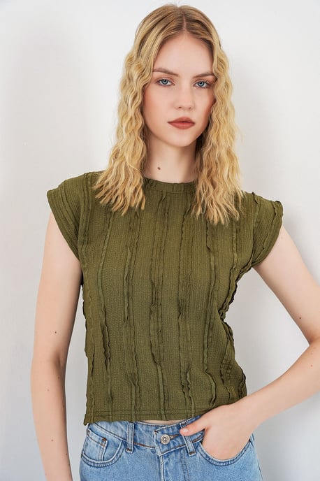 Texturerad Ribbad Blus med Dragsko - Image 1