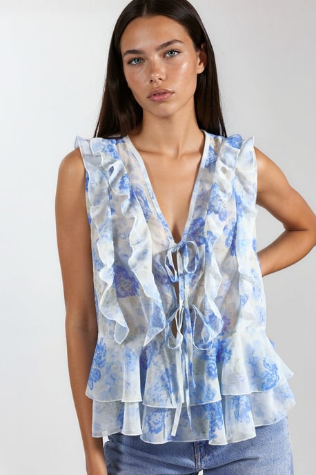 Floral V-hals Chiffon Blouse met Striksluiting - Image 3