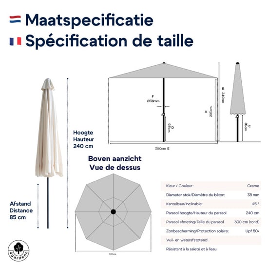 4gardenz ® parasol rond 300 cm met volant kantelbaar creme - Image 4