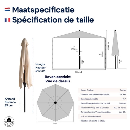 4gardenz ® parasol rechthoek 150x250cm kantelbaar balkonparasol creme - Image 6