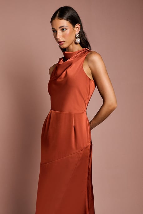 Cowl Neck Sleeveless Satin Midi Dress - Image 2