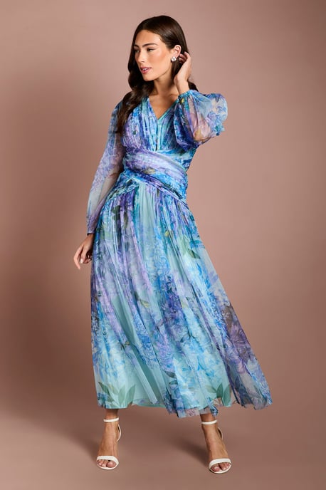 Petite Printed Floral Mesh Midaxi Dress - Image 1