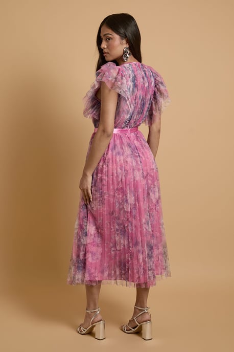 Petite Printed Pleated Mesh Midi Dress With Flutter Sleeve - Image 3