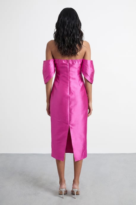 Petite Structured Puff Sleeve Bardot Midi Dress - Image 3