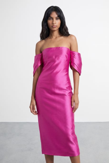 Petite Structured Puff Sleeve Bardot Midi Dress - Image 4