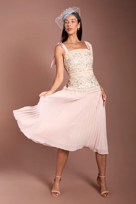 Lisa Tan Embroidered Mesh Pleated Skirt Midi Dress - Image 1