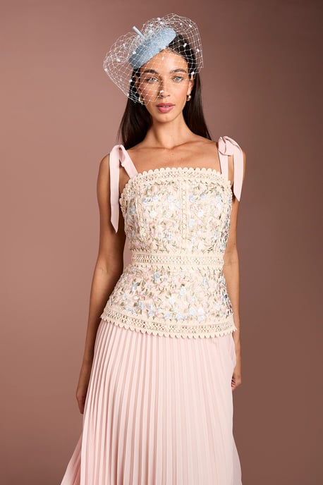 Lisa Tan Embroidered Mesh Pleated Skirt Midi Dress - Image 2