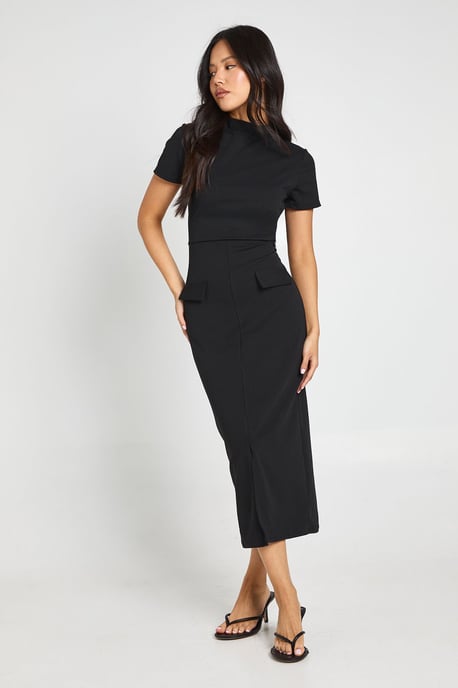 Petite Crepe High Neck Pocket Detail Midi Dress - Image 1