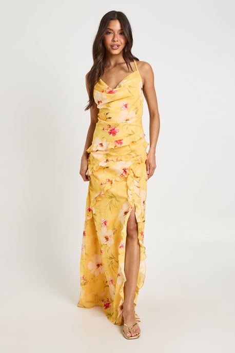 Chiffon Floral Cowl Neck Ruffle Detail Maxi Dress - Image 1