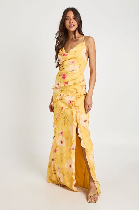 Chiffon Floral Cowl Neck Ruffle Detail Maxi Dress - Image 3