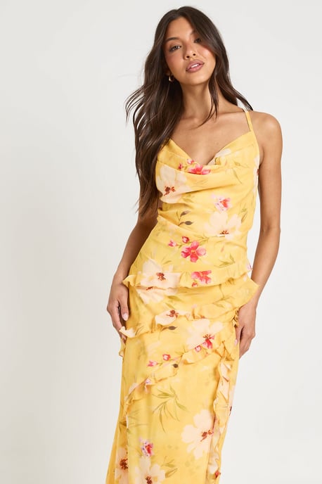 Chiffon Floral Cowl Neck Ruffle Detail Maxi Dress - Image 4