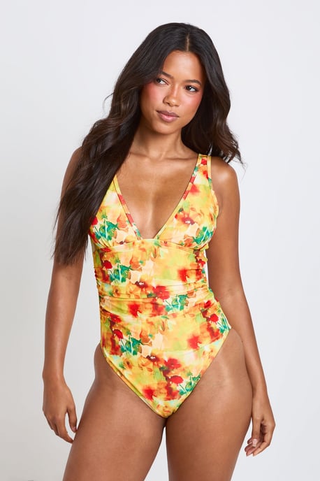 Abstract Floral Tummy Control Plunge Swimsuit - Image 3