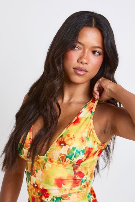 Abstract Floral Tummy Control Plunge Swimsuit - Image 4