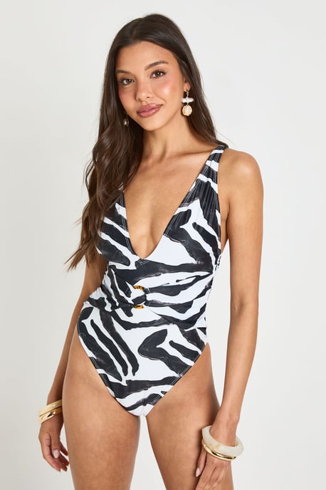 Zebra Print Tummy Control O-ring Plunge Swimsuit - Image 3