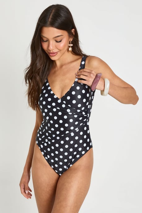 Polka Dot Tummy Control Wrap Detail Swimsuit - Image 3